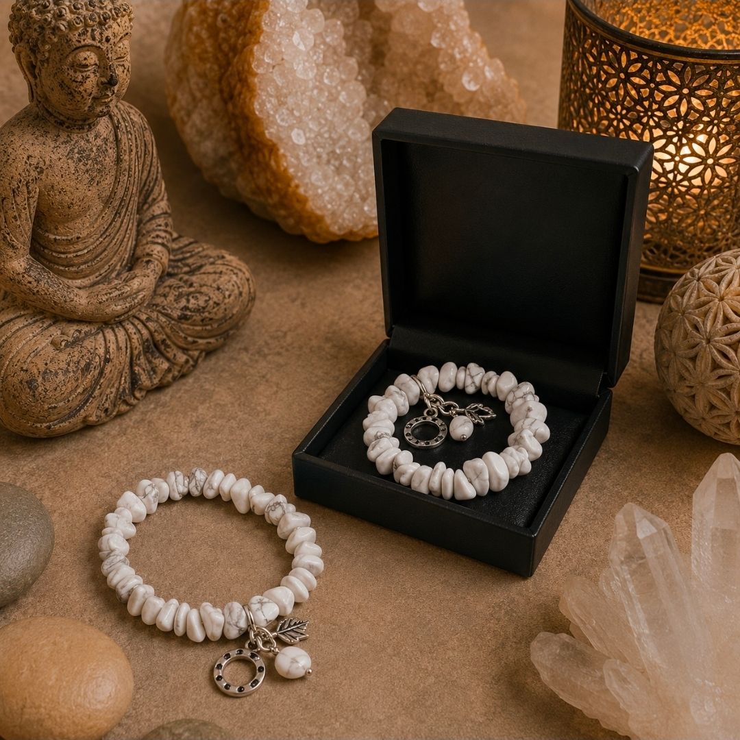 Witte kralenarmbanden en een zwart sieradendoosje op een warmgetinte ondergrond met kristallen en een klein Boeddhabeeldje.