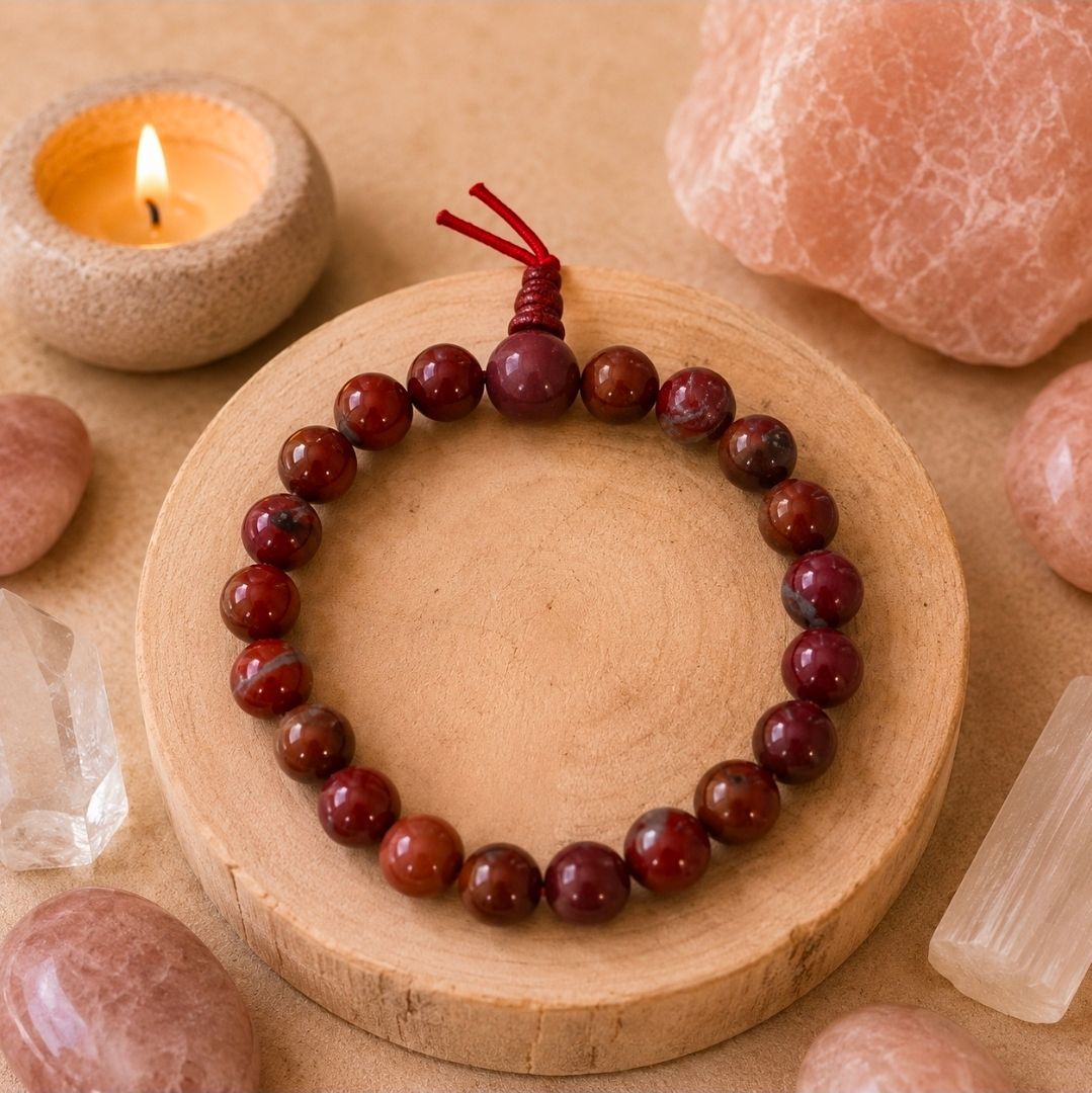 Een houten kralenarmband met een rode kwast op een rond dienblad, omringd door roze steentjes en een brandende kaars.