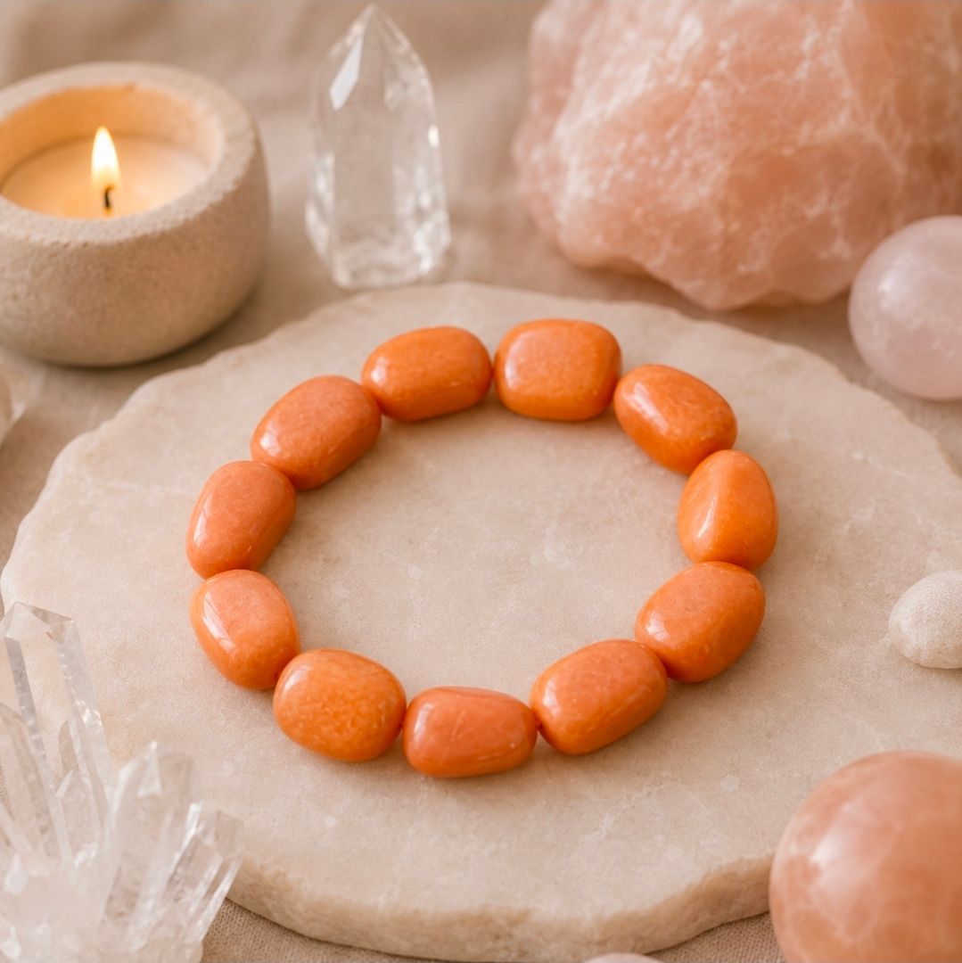 Oranje kralenarmband op een beige stenen ondergrond met kristallen en een brandende kaars.