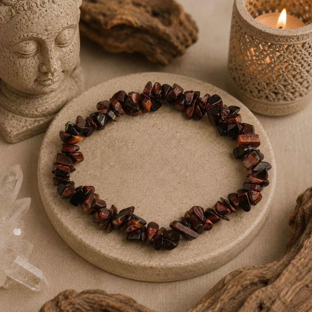 Bruin-zwart kralenarmband op een beige stenen voetstuk, met kaarsen in een rustgevende spa-omgeving.