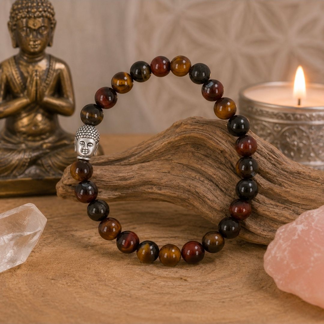 Kralenarmband op drijfhout met een klein Boeddhabeeldje, een kaars en rozenkwarts in een warme, serene omgeving.