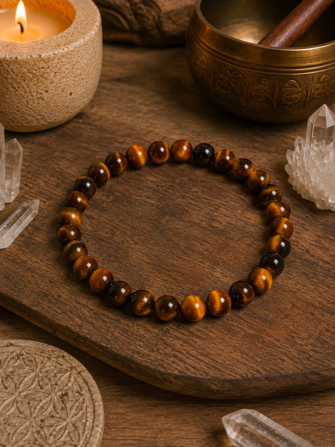 Een armband van tijgeroogkralen op een houten dienblad met kaarsen en kristallen.