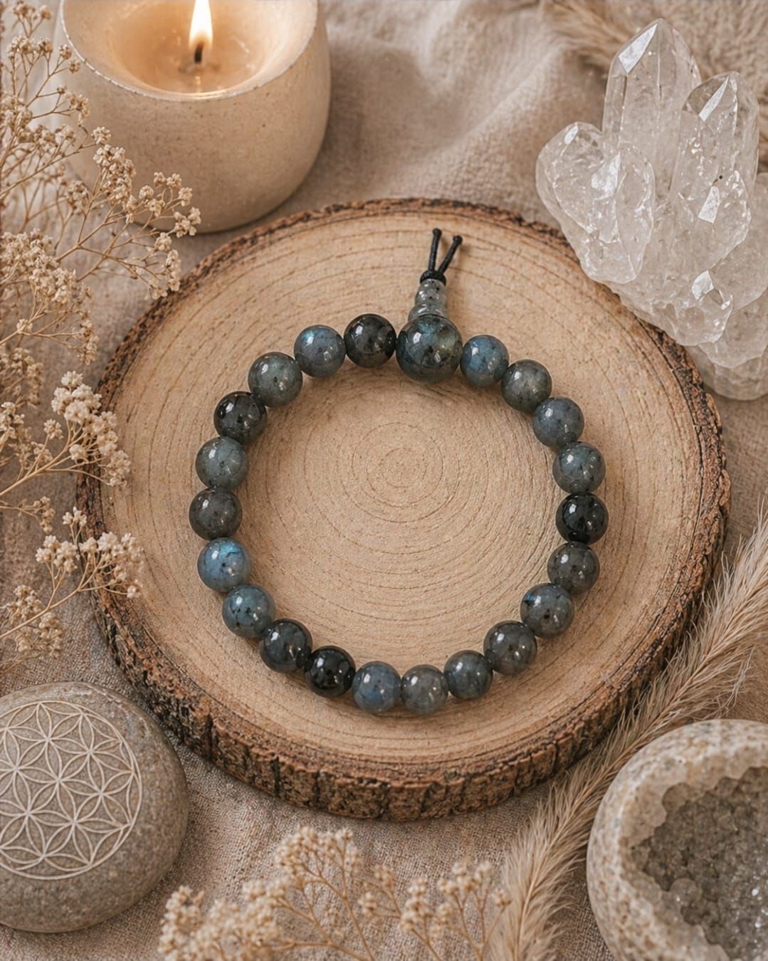 Een kralenarmband op een geweven mat met een brandende kaars, kristallen en gedroogde bloemen in de buurt.
