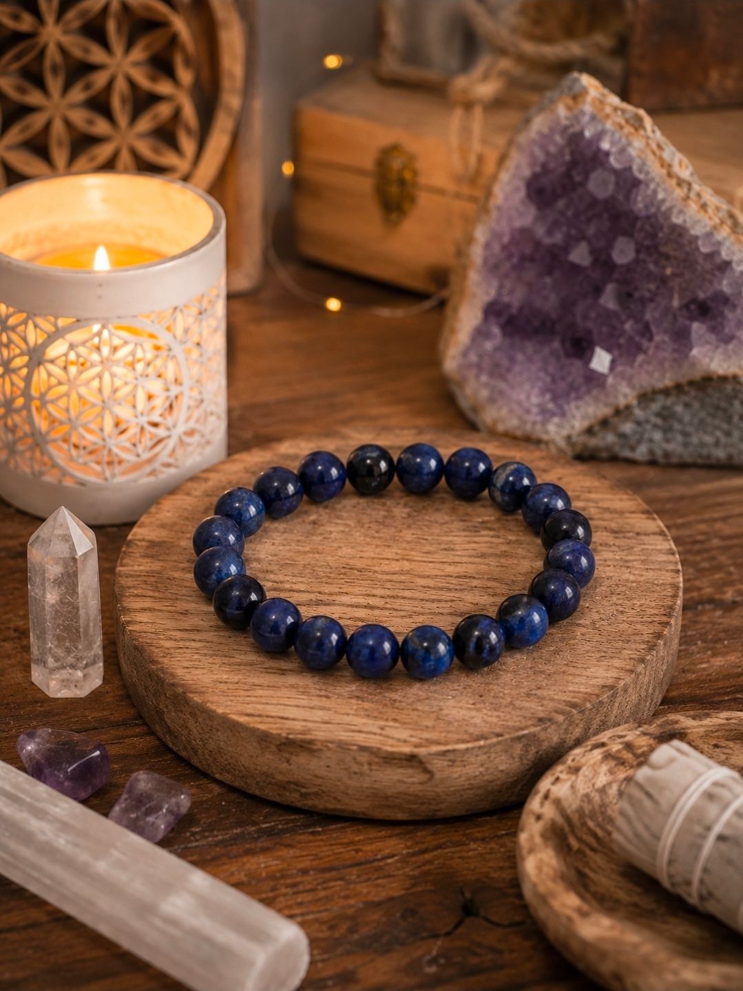 Een blauwe kralenarmband op een houten plankje naast een brandende kaars, een amethistkristal en een bosje salie.