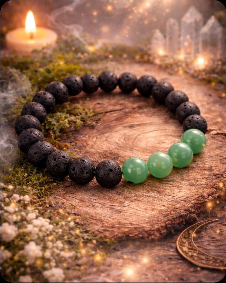 Een zwart-groene kralenarmband op een rustieke houten ondergrond met kaarslicht en kristallen.