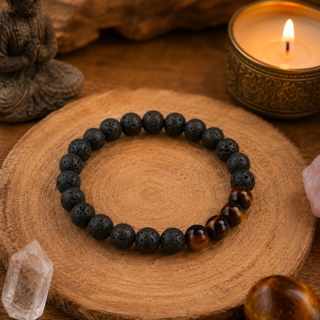 Een zwarte kralenarmband op een houten ondergrond met een brandende kaars en kristallen in de buurt.