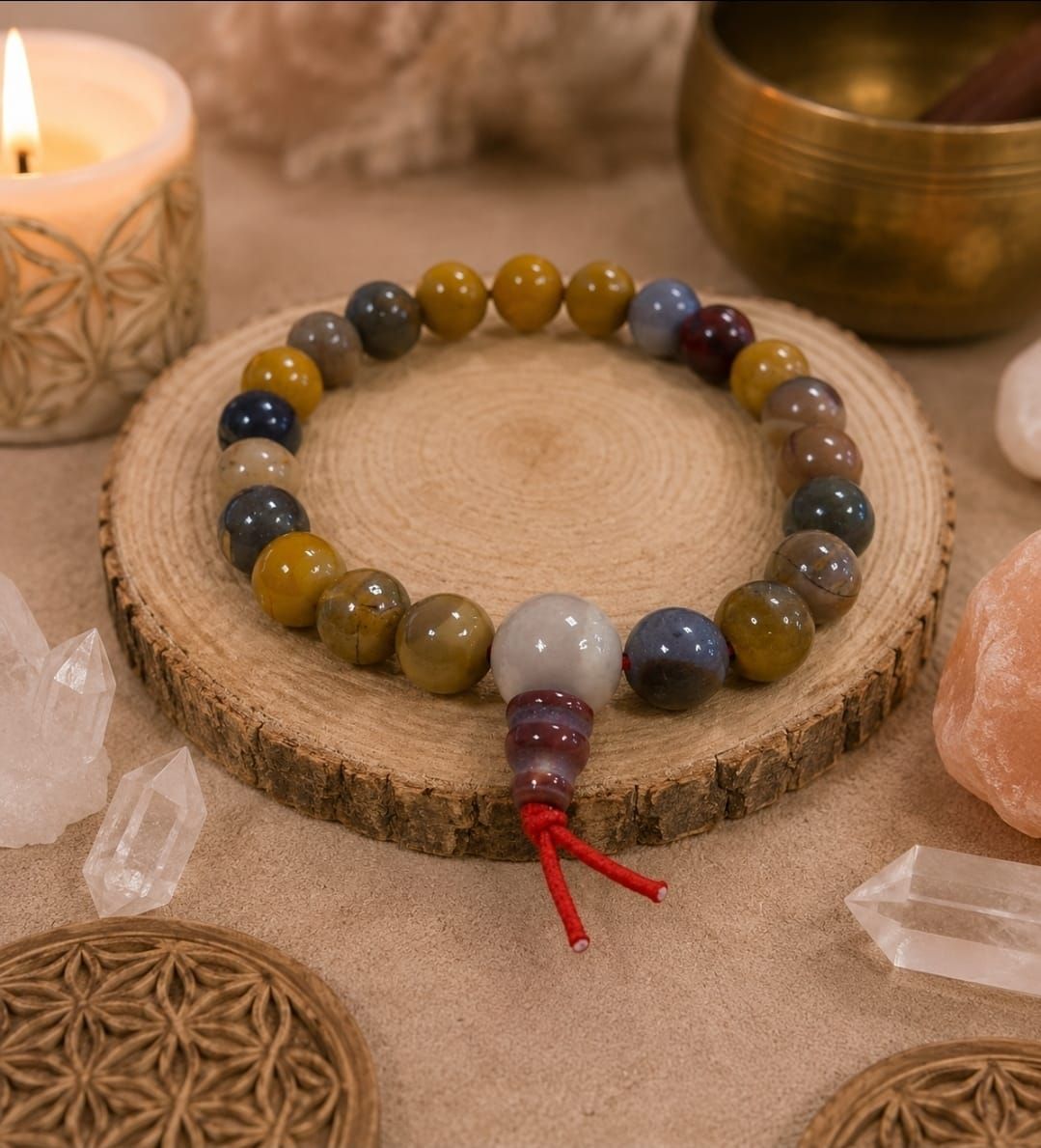 Kralenarmband met veelkleurige stenen op een houten standaard, verlicht door kaarsen met kristallen in de buurt.