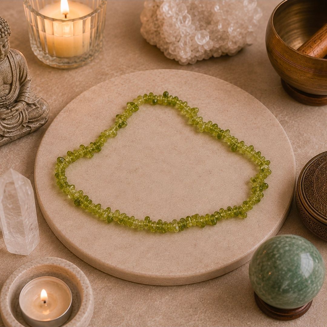 Een groene kralenketting, gerangschikt op een beige cirkelvormig oppervlak, omringd door kaarsen en decoratieve objecten.