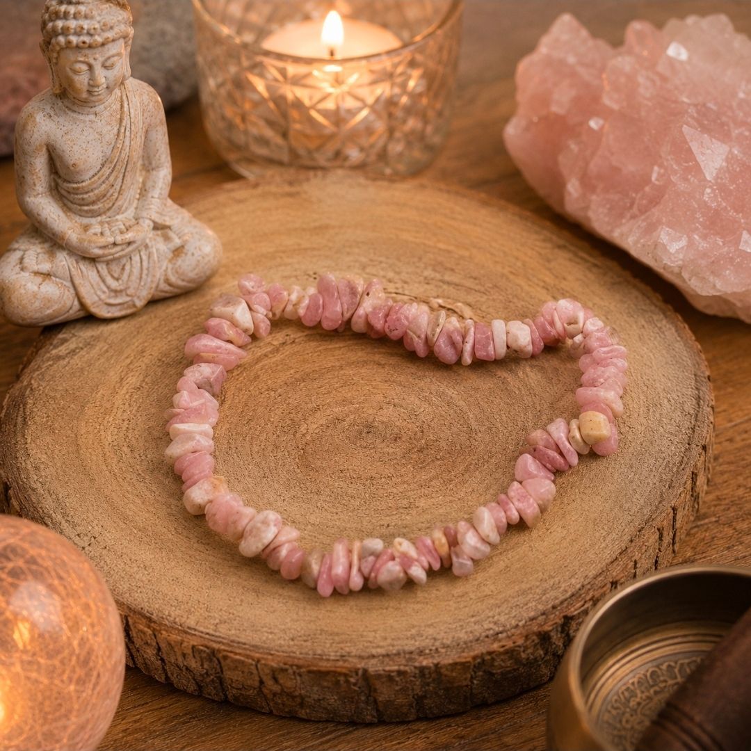 Een roze kralenarmband op een houten plankje naast een Boeddhabeeldje, een kaars en een rozenkwartskristal.