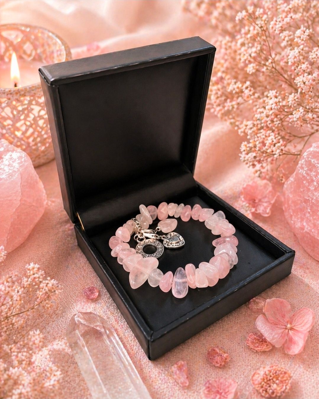 Open zwarte sieradendoos met daarin een roze kralenarmband op een zachtroze decoratieve achtergrond.