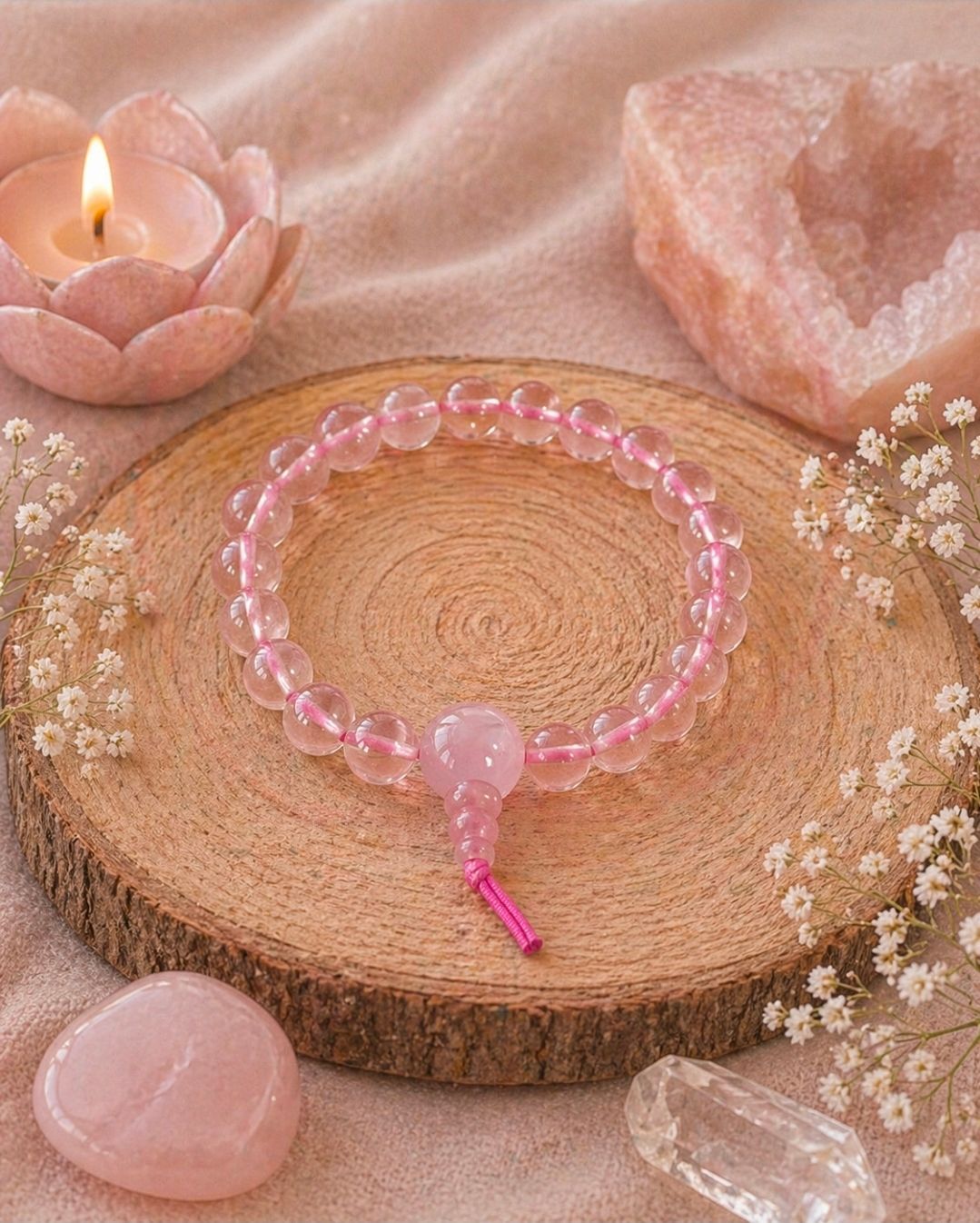 Roze kralenarmband op een houten schijf, omringd door rozenkwartsstenen en een brandende kaars.
