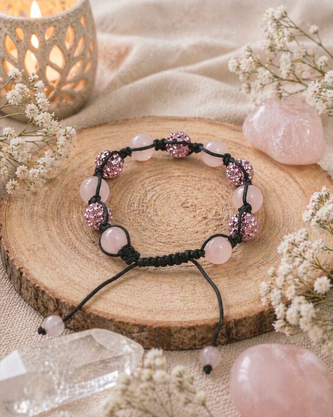 Roze kralenarmband op een houten onderzetter met kristallen en gedroogde bloemen.