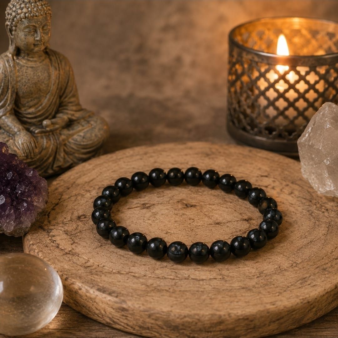 Zwarte kralenarmband op een houten plank met een Boeddhabeeldje, kaars, kristal en amethiststenen.