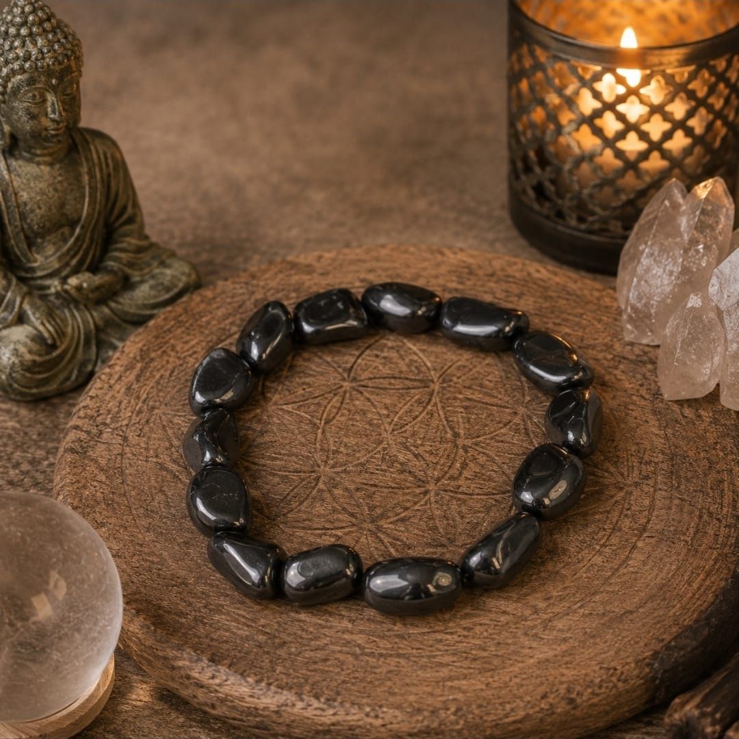 Zwarte kralenarmband op een houten ondergrond met een Boeddhabeeldje, een kaars en kristallen.