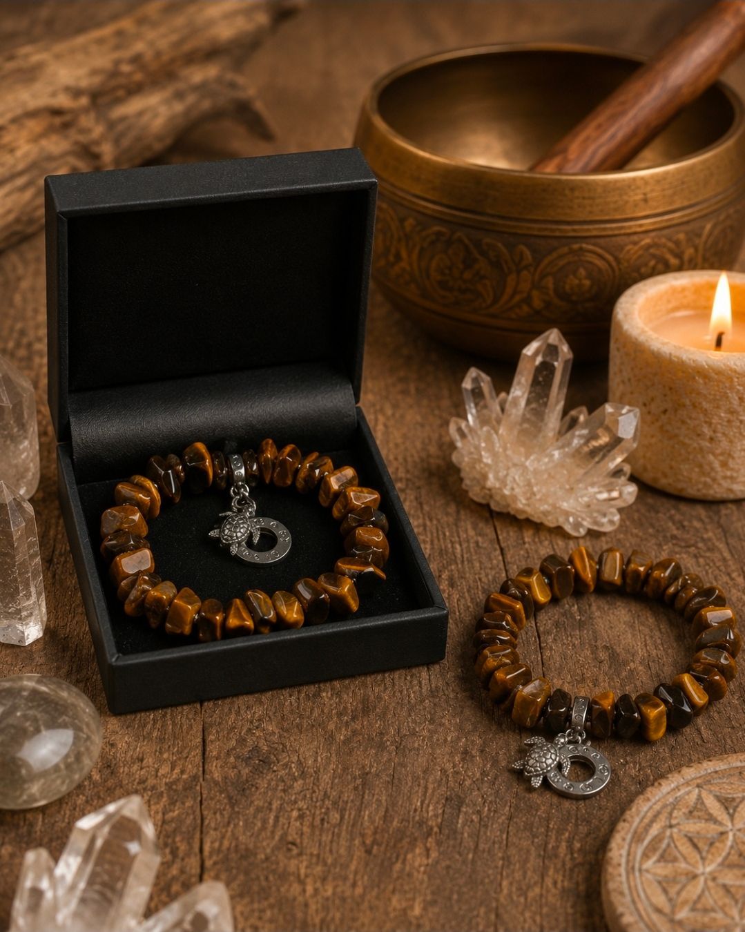 Amberkleurige kralenarmbanden en kristallen liggen naast een brandende kaars en een messing schaal op een houten ondergrond.