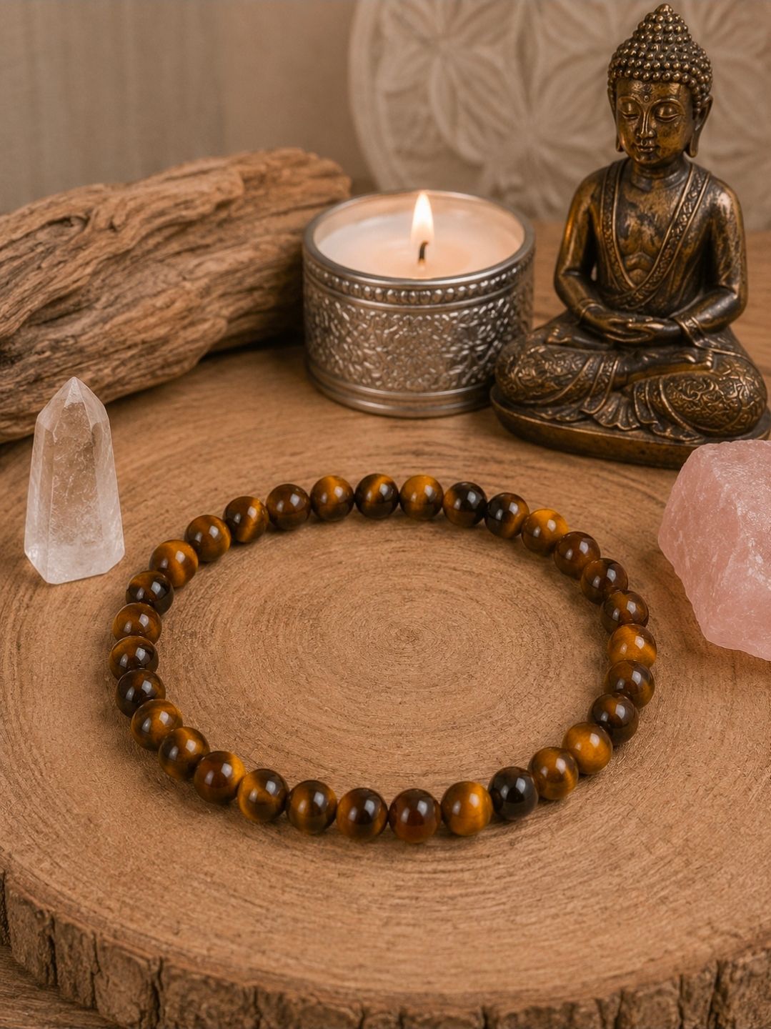 Een armband van tijgeroog, een Boeddhabeeldje, een kaars en kristallen op een houten ondergrond.
