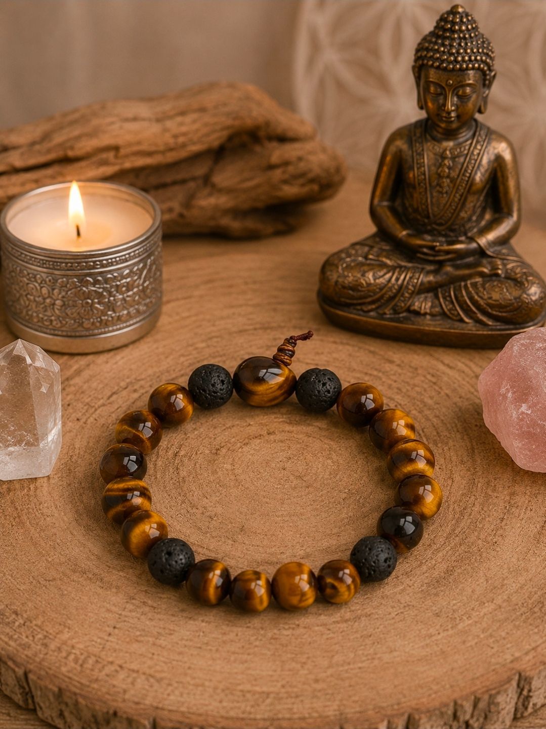 Boeddhabeeld, brandende kaars, mala-armband, kristallen en houten decoratie op een serene tafel.