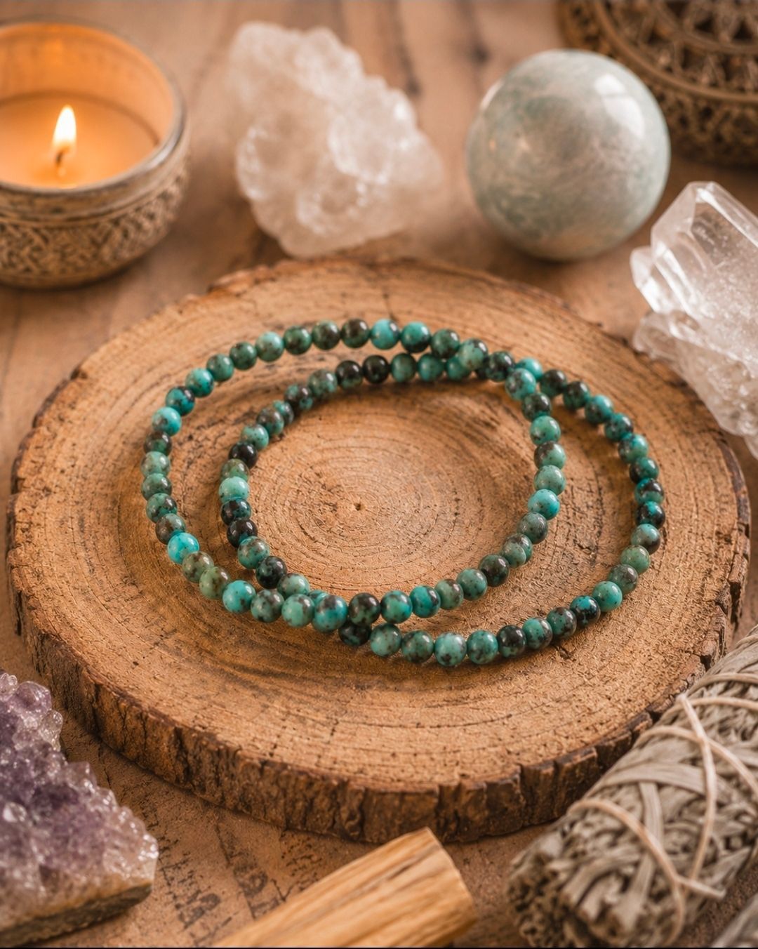 Twee turquoise kralenarmbanden op een houten schijf met kaarsen en kristallen.