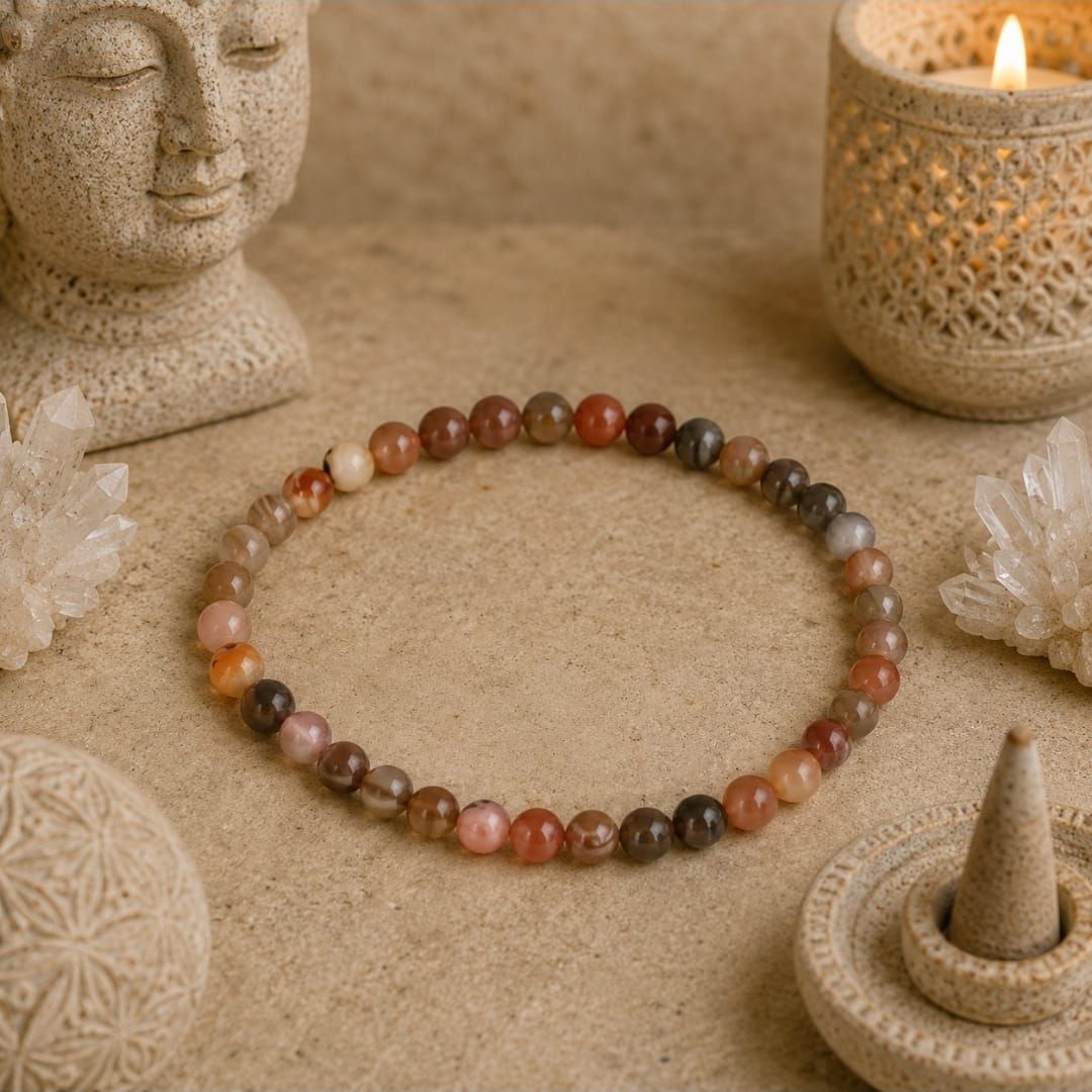 Kralenarmband op beige zand naast een Boeddha-buste, kaars, kristallen en wierookkegel.