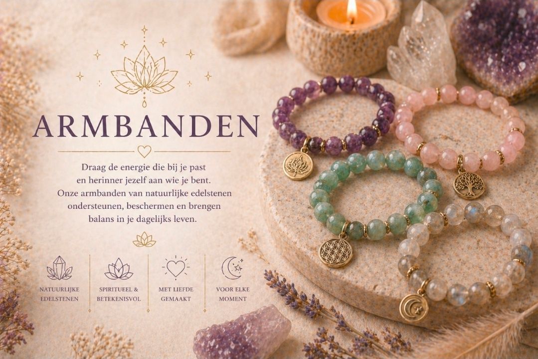 Armbanden met kralen in pastelkleuren op een zachtbeige achtergrond, met de tekst