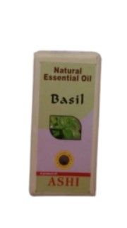 Etiket voor een klein flesje met natuurlijke basilicumolie, beige en paarse verpakking met een afbeelding van een groen blad.