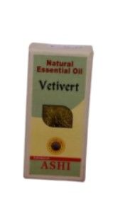 Doosje natuurlijke essentiële vetiverolie met beige verpakking en groen etiket van ASHTI