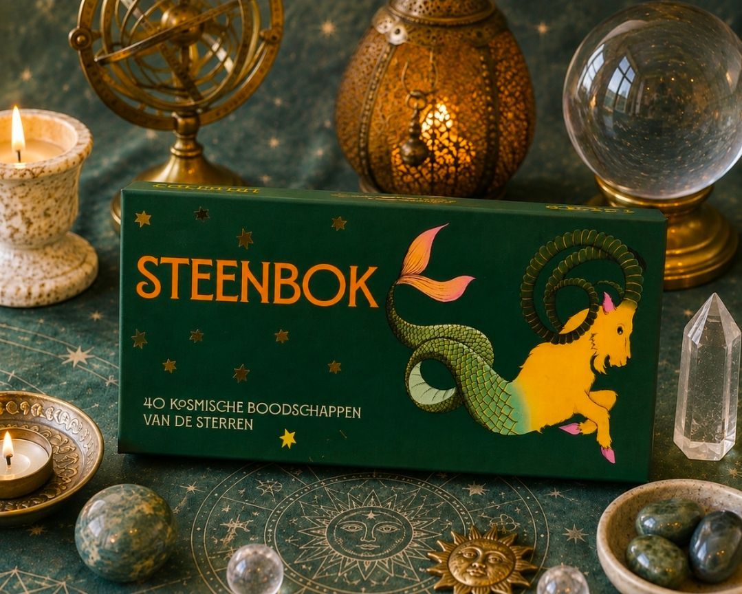Groen STEENBOK-bord met een gouden geitenillustratie, omringd door kristallen, kaarsen en messing decoraties.