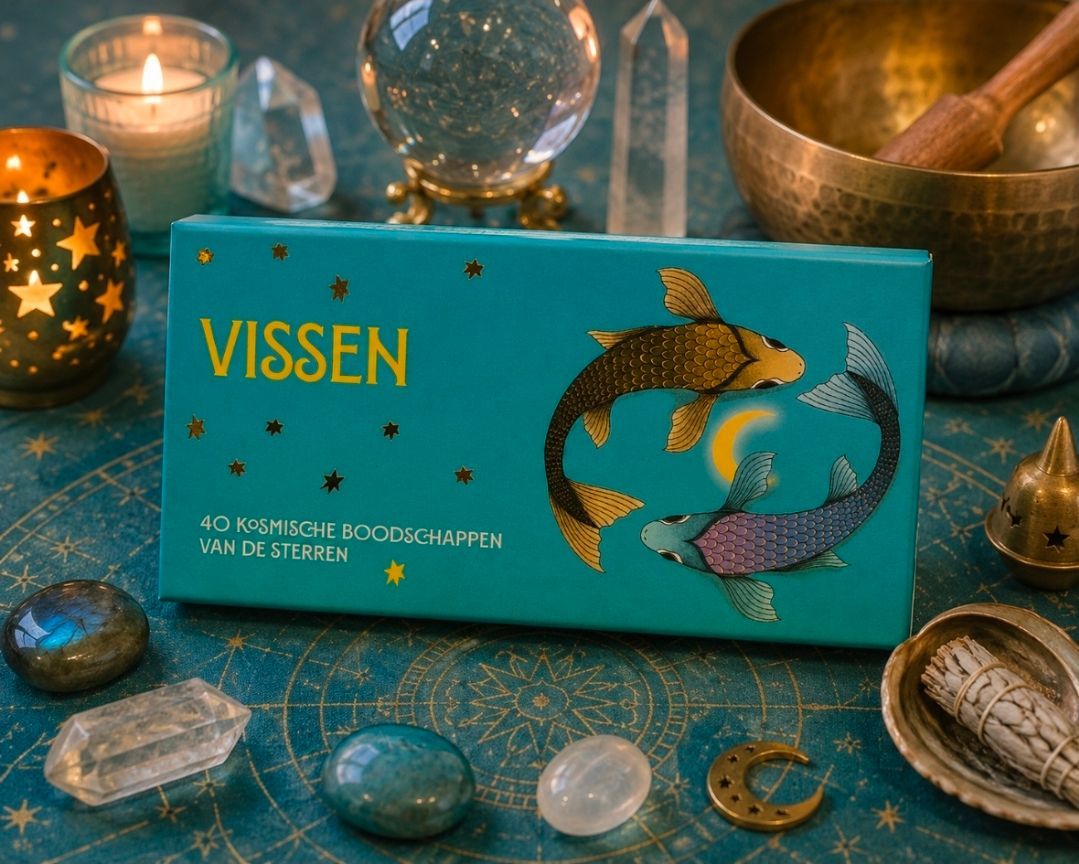Een turquoise Vissen-doos op een turquoise altaar met kaarsen, kristallen, een schaal en schelpen in een mystieke setting.