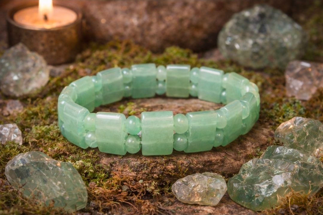 Lichtgroene kralenarmband op een mosachtige ondergrond met steentjes op de achtergrond.