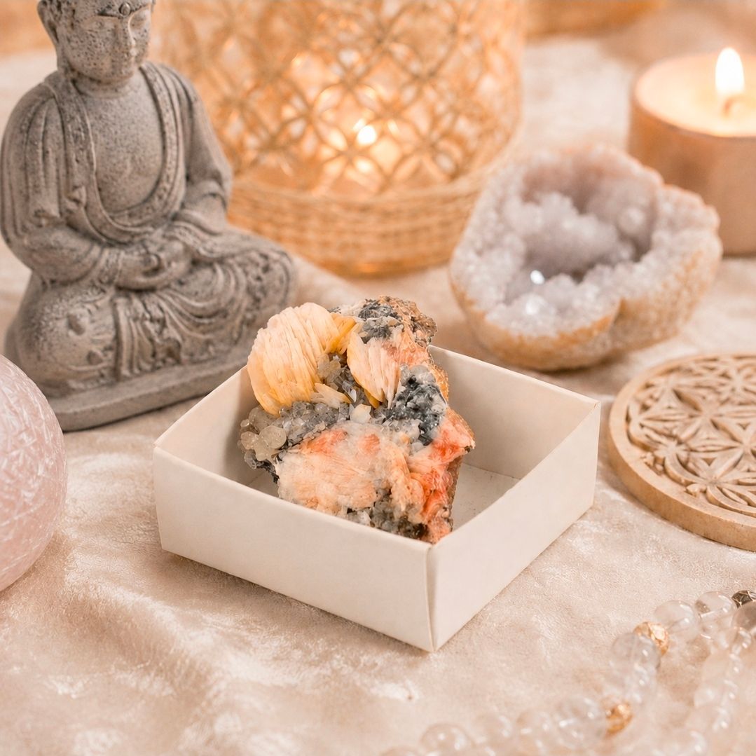 Spa-presentatie met kristallen clusters, kaarsen, een Boeddhabeeld en een klein doosje badzout of scrubzeep.