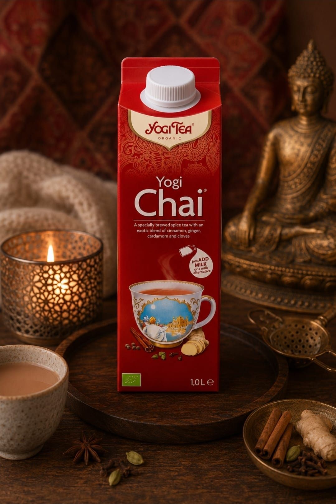 Een rood pak Yogi Chai op een rustieke tafel met een theekopje, een brandende kaars, een Boeddhabeeldje en kruiden.