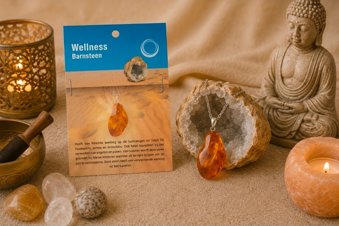 Wellnessaltaar met Boeddhabeeld, kristallen, kaarslicht en een