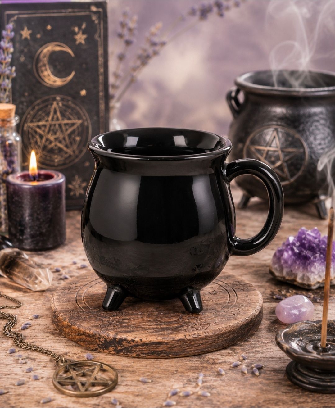 Een zwarte ketelbeker op een geweven mat met kaarsen, kristallen en occulte decoraties in een schemerige, mystieke omgeving.