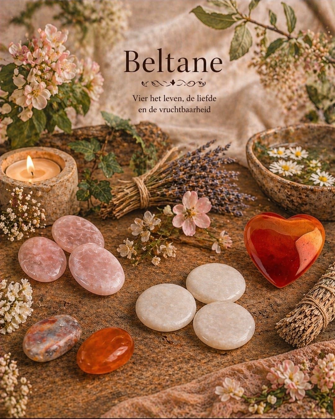 Beltane-altaar met kaarsen, bloemen, kristallen en een rood hart in warme aardetinten.