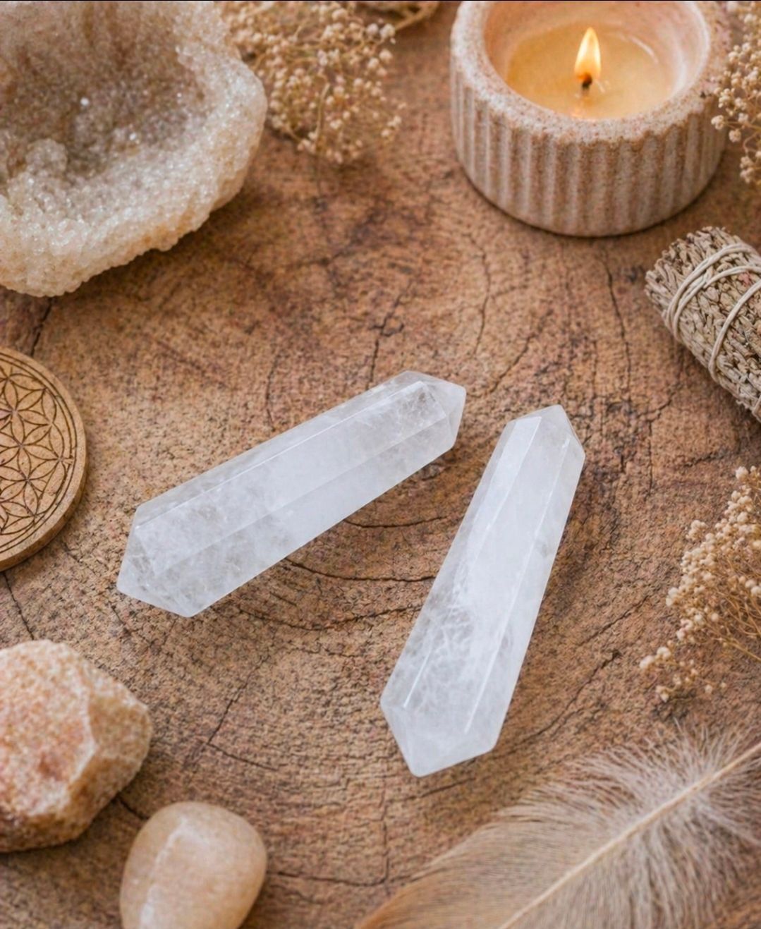 Twee heldere kwartskristallen op een rustieke houten ondergrond met een brandende kaars en gedroogde natuurlijke decoratie.