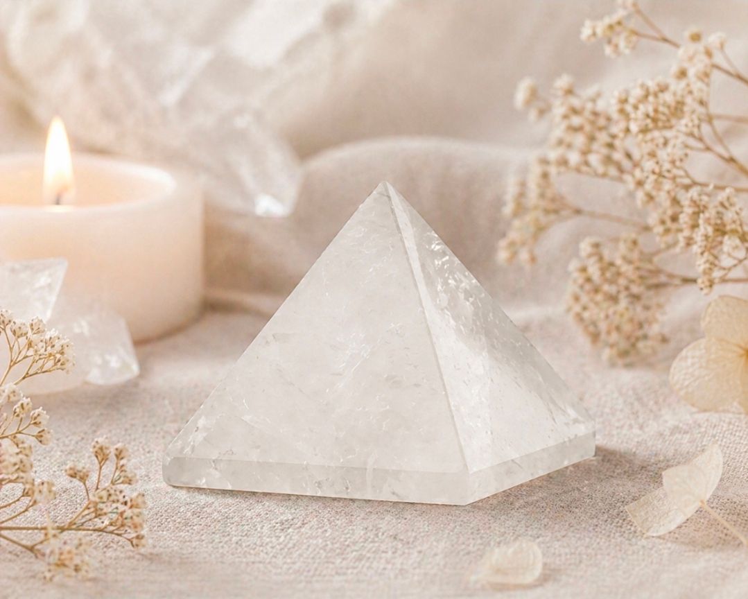 Witte kristallen piramide op een zachtbeige altaar met kaars, bloemen en verspreide kristallen.
