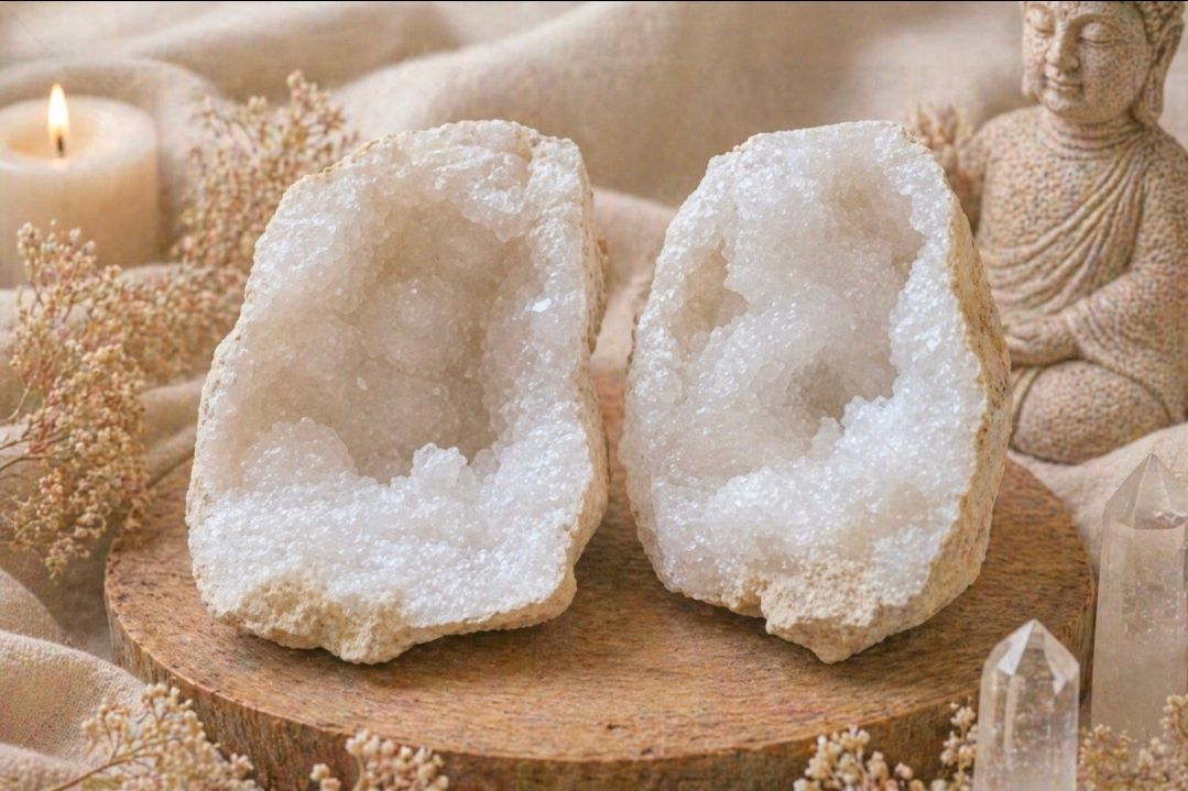 Twee witte kristallen geoden op een houten plank naast een kaars en een Boeddha-beeldje.