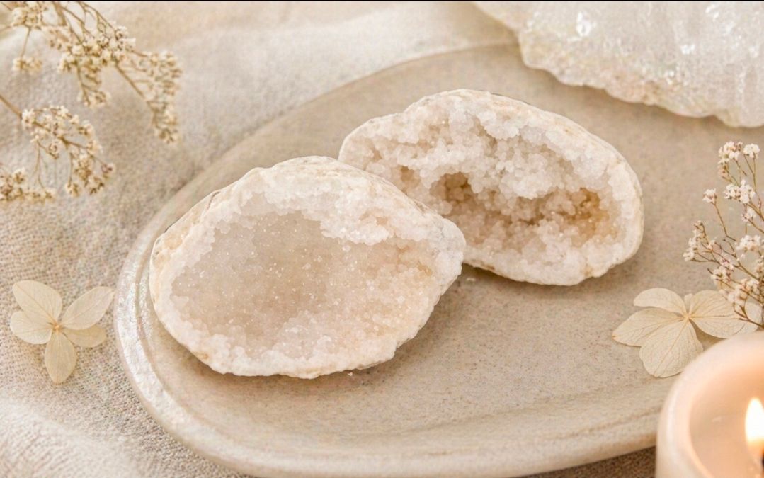 Twee met witte poedersuiker bestrooide gebakjes op een beige bord naast een brandende kaars en gedroogde bloemen.
