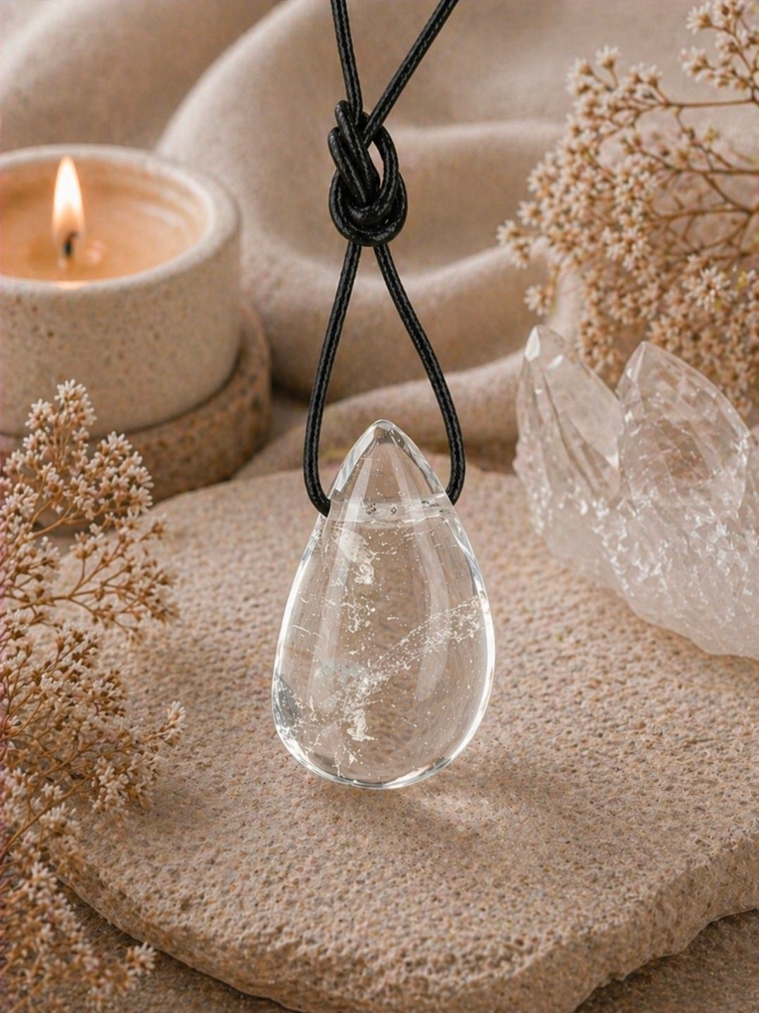 Doorzichtige druppelvormige hanger aan een zwart koord over beige stof met kaarsen en gedroogde bloemen.