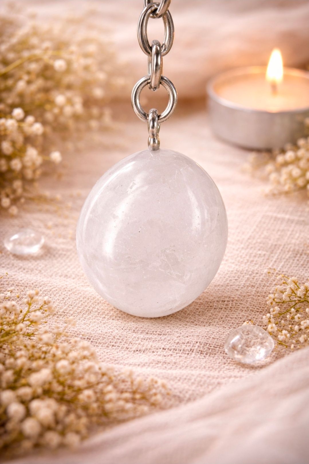 Een ketting met een witte kristallen hanger aan een zachtbeige doek, met een brandende kaars op de achtergrond.