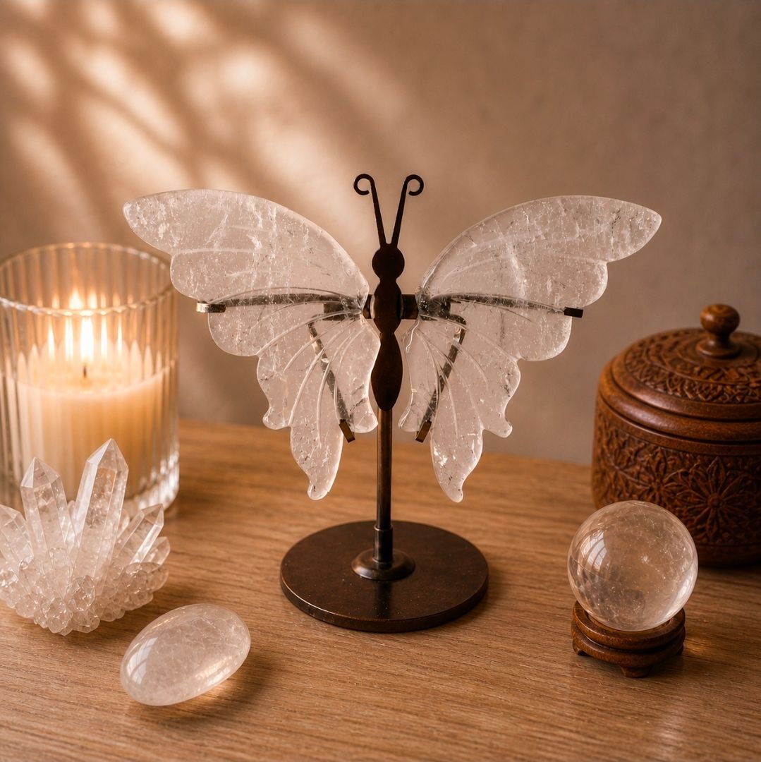Een vlinderfiguurtje op een houten voetstuk naast een brandende kaars, kristallen decoratie