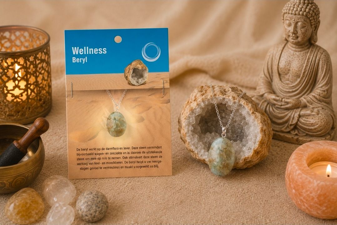 Wellness cadeauset met kristal, kaars, Boeddhabeeldje en schelpen op een beige stoffen achtergrond.