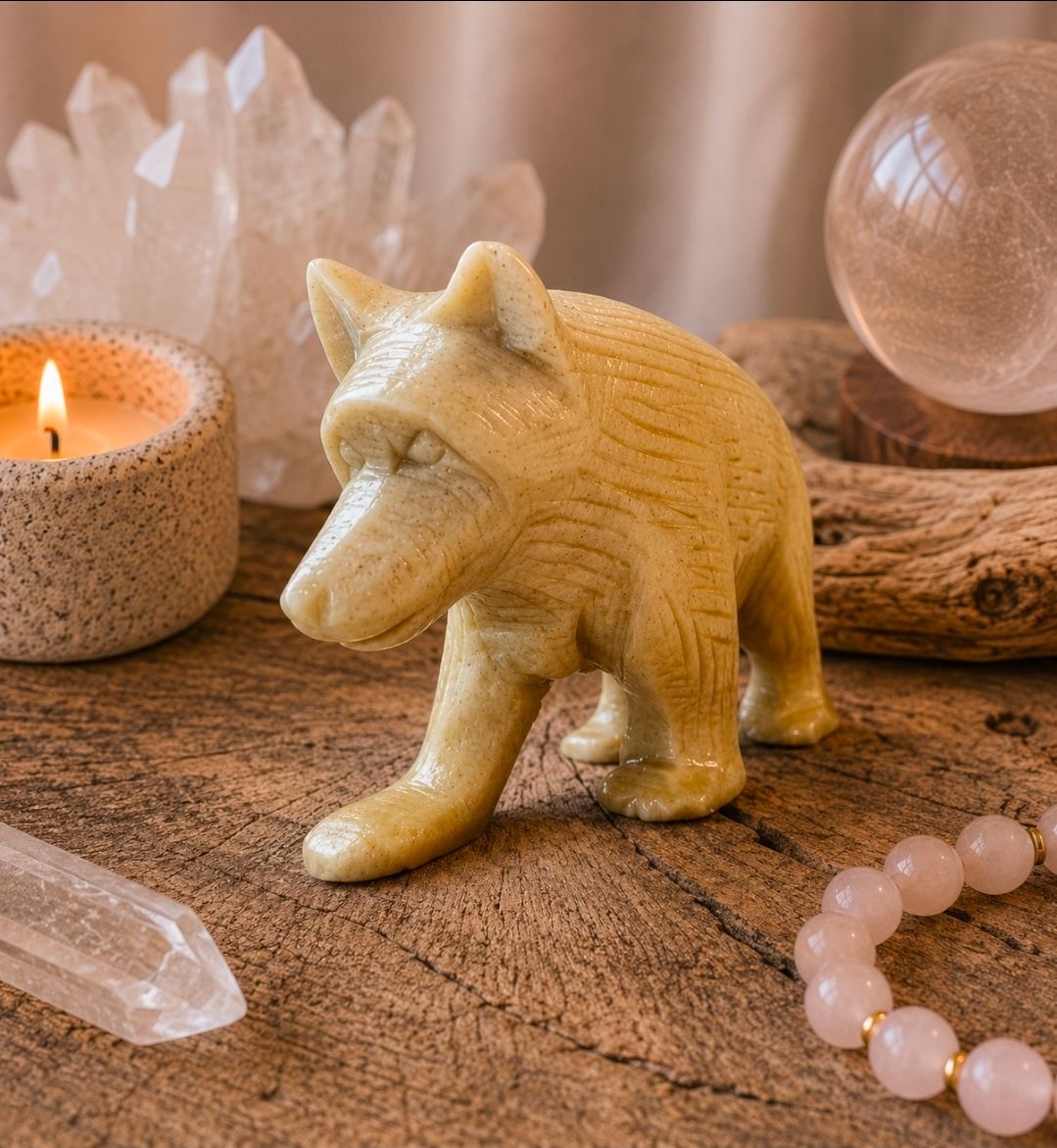 Klein geel wolfje op een houten ondergrond met kristallen, een kaars en roze kralen.