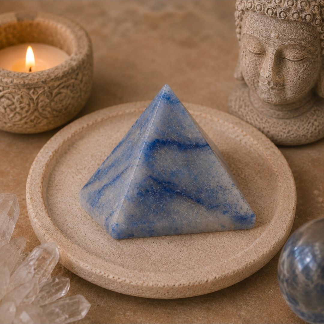 Een blauwe kristallen piramide op een beige dienblad met kaarsen, een Boeddhabeeld en kristallen in een rustgevende meditatieomgeving.