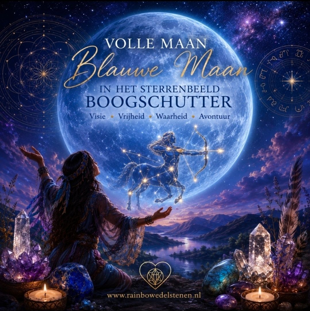 Mystieke poster bij maanlicht met een vrouw, sterren, kaarsen en Nederlandse tekst over een volle maan in Boogschutter.