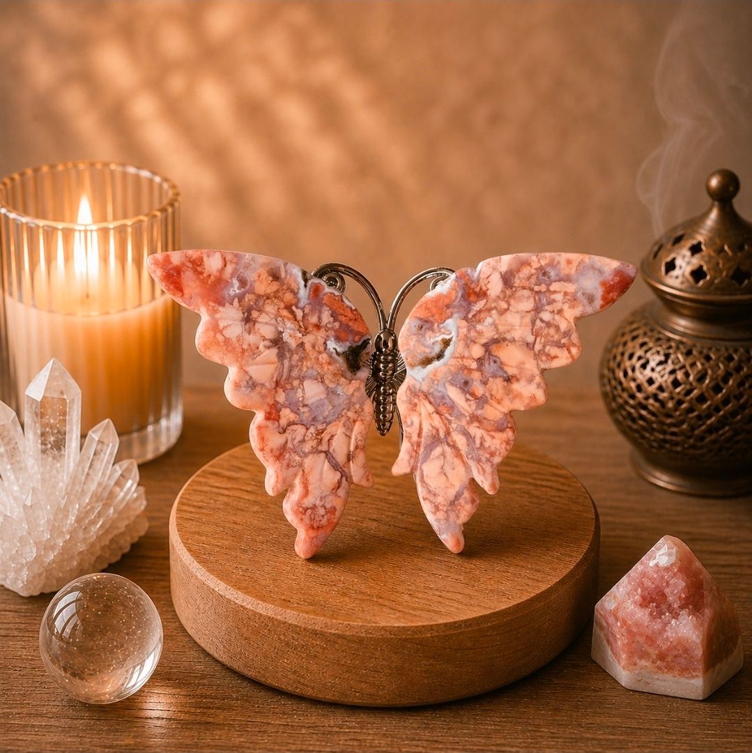 Een roze kristallen vlindersculptuur op een houten voetstuk, verlicht door kaarsen met kristallen op een warme tafel.