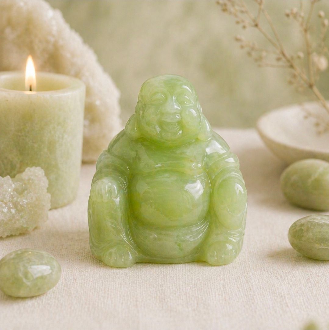 Groene jade Boeddha-figuur op een zachtbeige altaar met een brandende kaars en gladde stenen.