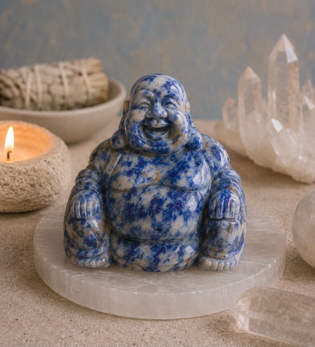 Blauw-wit beeldje van een lachende Boeddha op een stenen onderzetter met kristallen en een brandende kaars.