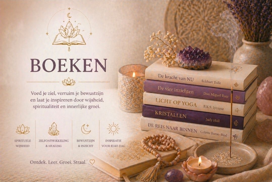 Elegante beige promotieposter met boekenthema, met gestapelde boeken, kaarsen en bloemen, getiteld 