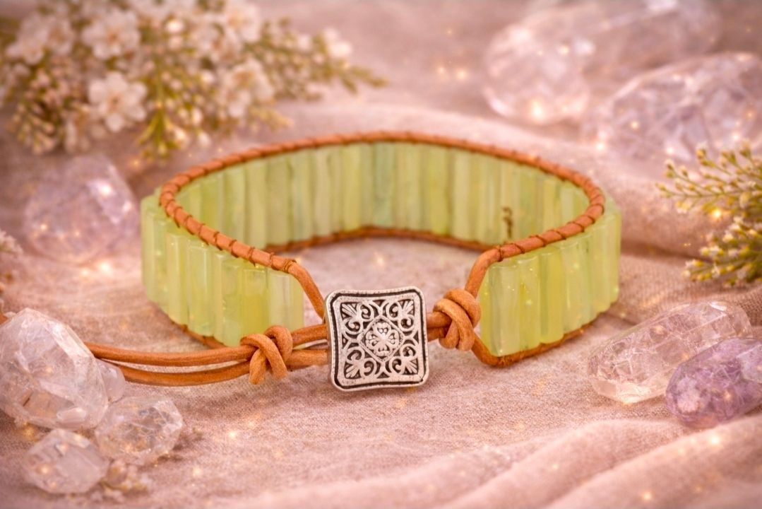 Lichtgroene armband met oranje bandjes en een vierkant zilveren bedeltje op een roze kristallen achtergrond.